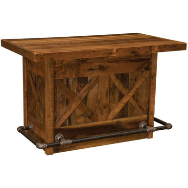 Fireside Lodge Barnwood 5-Foot Bar is a rectangular wooden bar with a farmhouse-style design featuring a cross-panel front and black metal footrest