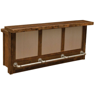 Fireside Lodge Barnwood 7-Foot Bar with Corrugated Steel shows corrugated metal panels and a sturdy wood frame with a metal footrest