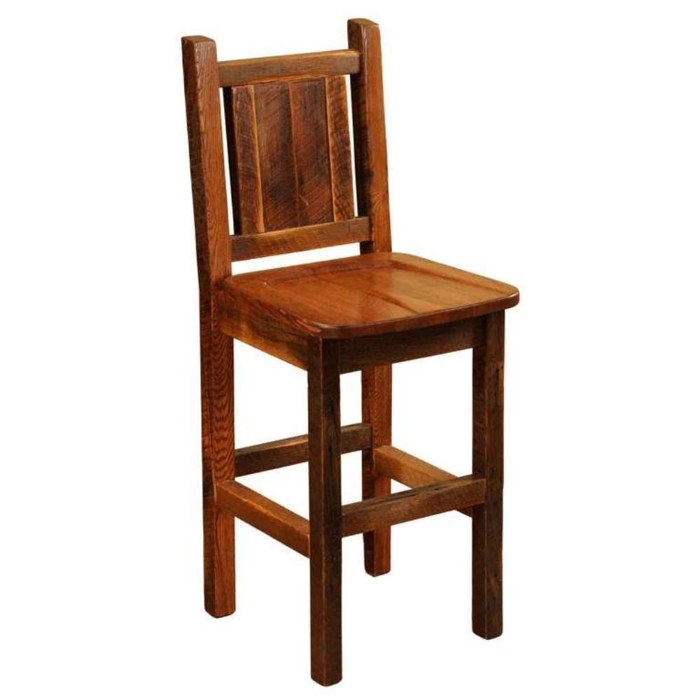 Fireside Lodge Barnwood Artisan Barstool has a solid wood seat and slatted backrest made from reclaimed barnwood