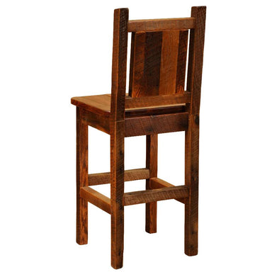 Fireside Lodge Barnwood Artisan Barstool shows a rustic wood grain and sturdy frame with crossbars