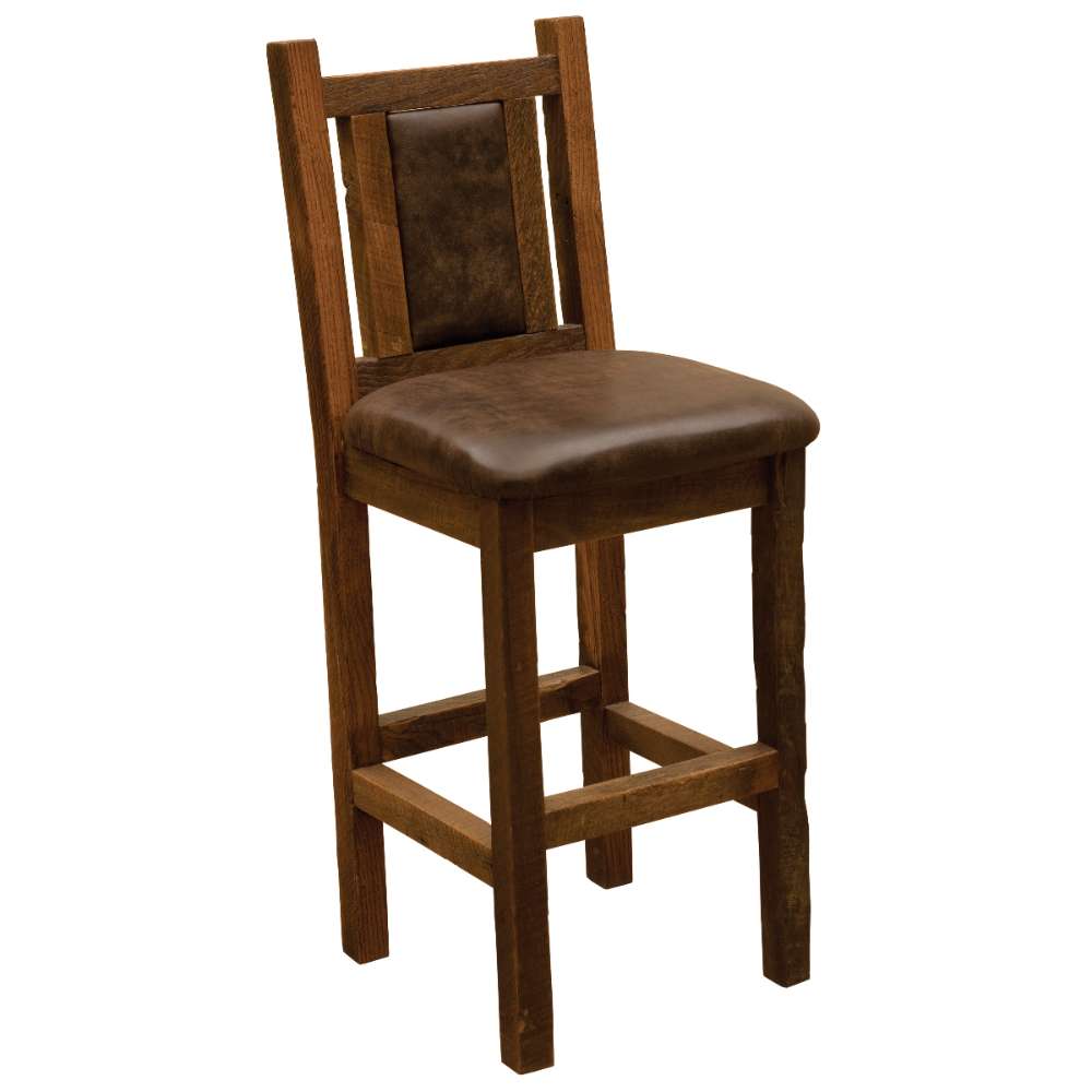 Fireside Lodge Barnwood Artisan Counter Stool has a padded leather seat and backrest for added comfort and rustic style
