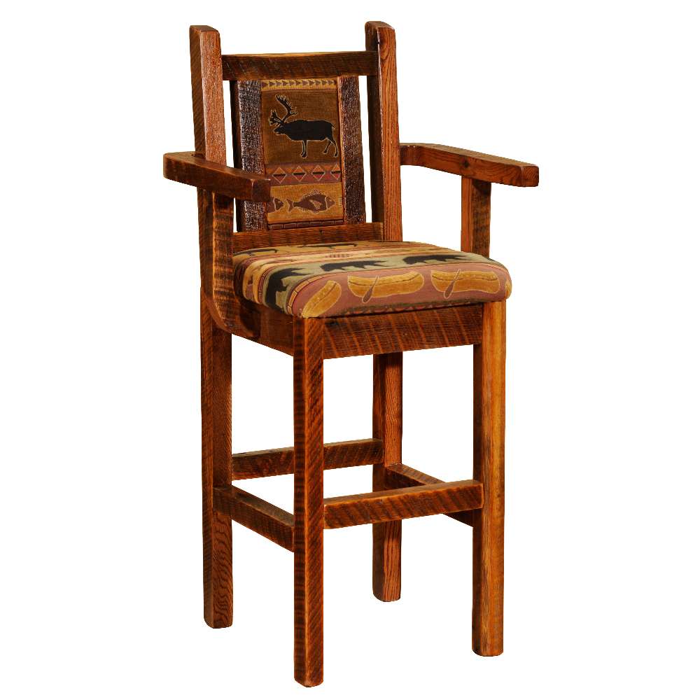 Fireside Lodge Barnwood Artisan Counter Stool with Arms features a cushioned seat with patterned fabric and a decorative moose design on the backrest