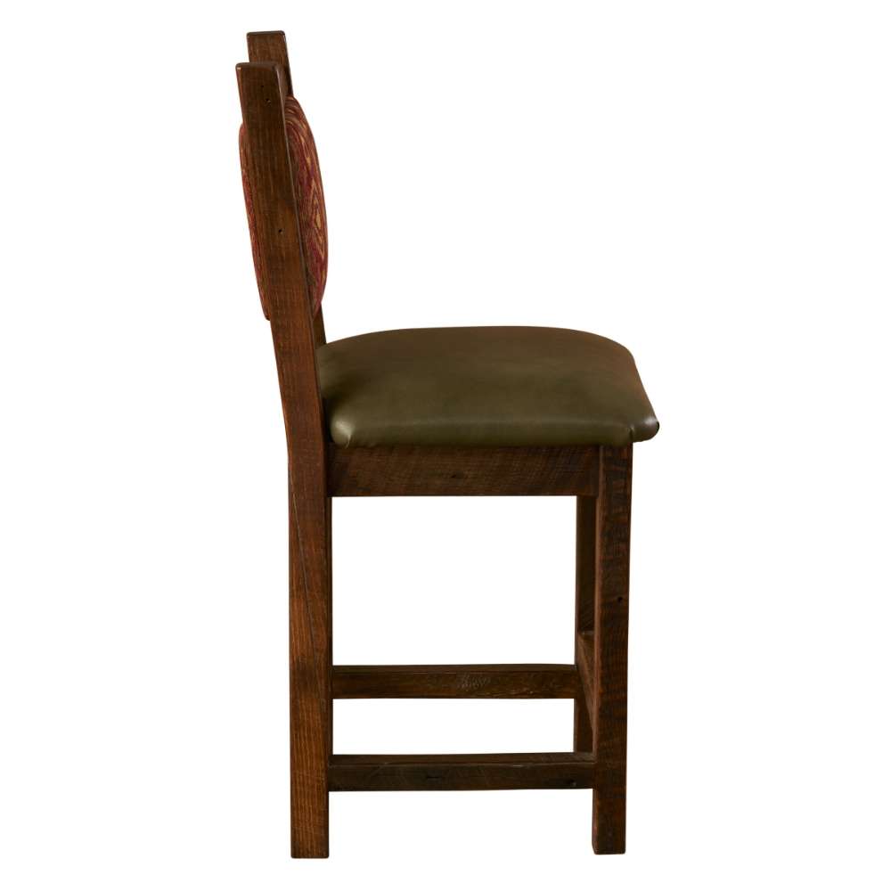 Fireside Lodge Barnwood Colonial Barstool features a solid wooden frame and a comfortable olive-green padded seat viewed from the side