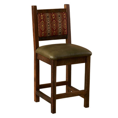 Fireside Lodge Barnwood Colonial Barstool is a rustic-style barstool with a sturdy wooden base, olive-green seat, and red patterned fabric backrest angled slightly