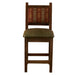 Fireside Lodge Barnwood Colonial Barstool is a rustic wooden chair with a patterned red and brown fabric backrest and an olive-green cushioned seat
