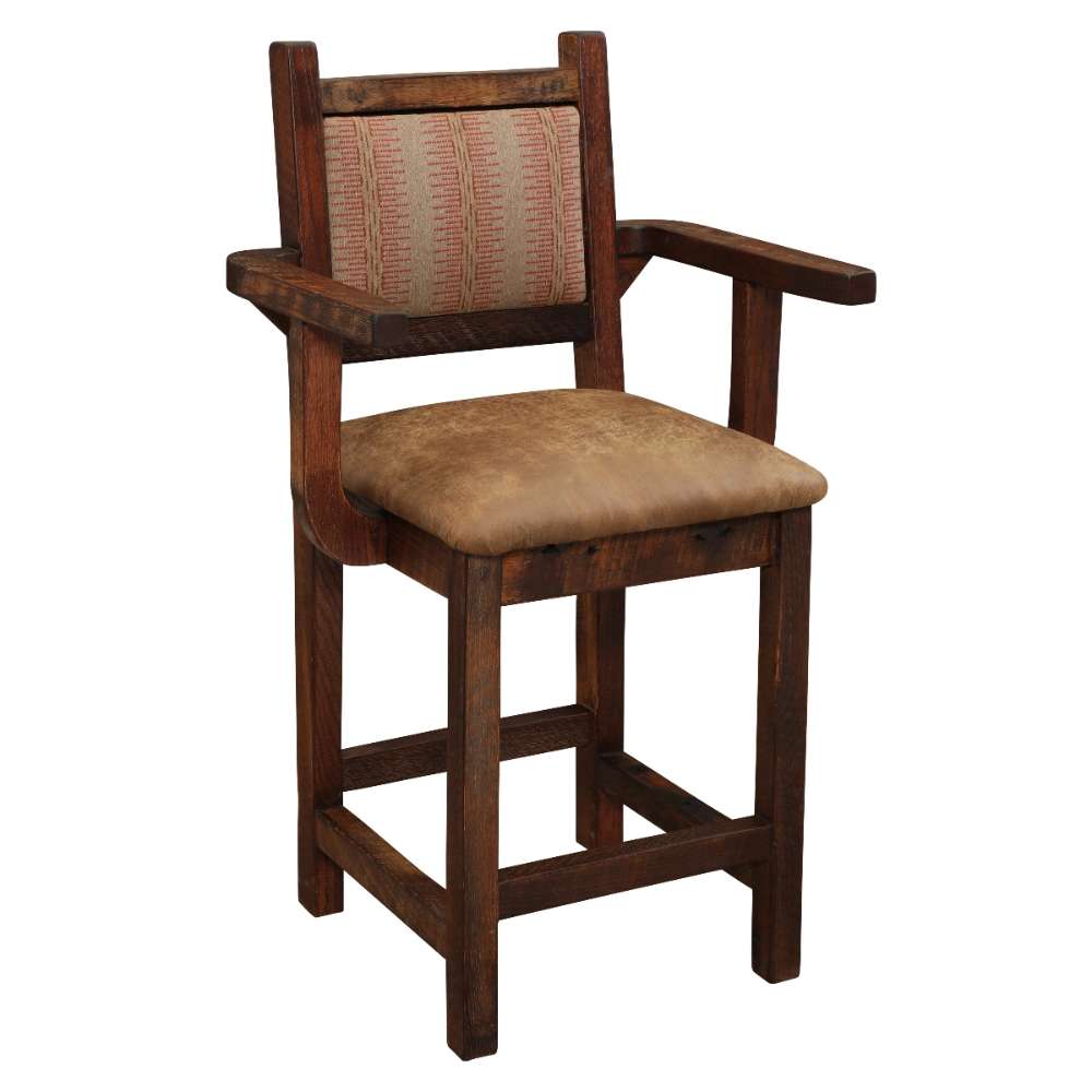 Fireside Lodge Barnwood Colonial Barstool with Arms features a solid wood build, cushioned seat, and angled arm design