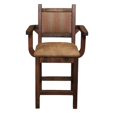 Fireside Lodge Barnwood Colonial Barstool with Arms shows a padded seat, wood frame, and upholstered backrest
