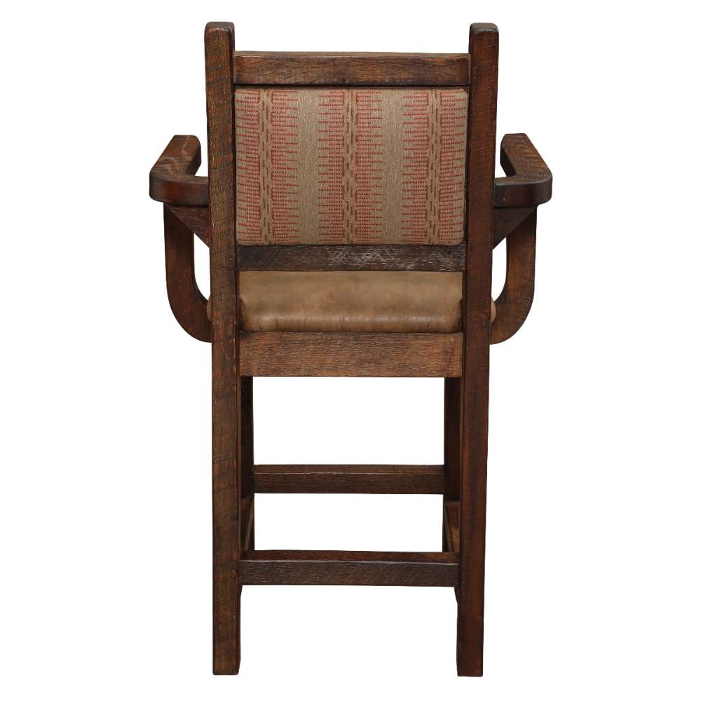 Fireside Lodge Barnwood Colonial Barstool with Arms shows a rustic back view with a fabric backrest and wooden frame