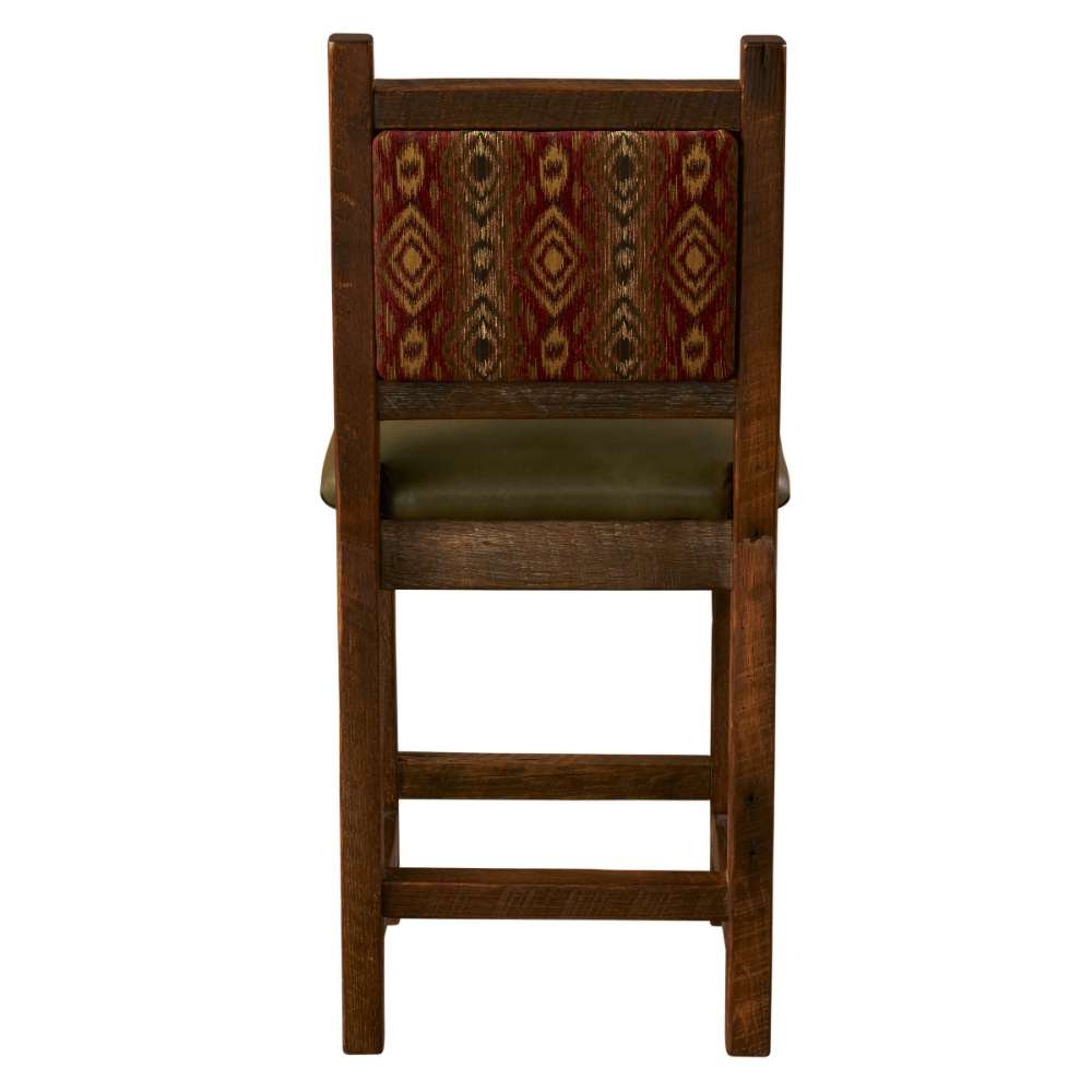 Fireside Lodge Barnwood Colonial Counter Stool displays its back view with a red patterned fabric backrest and dark wood frame