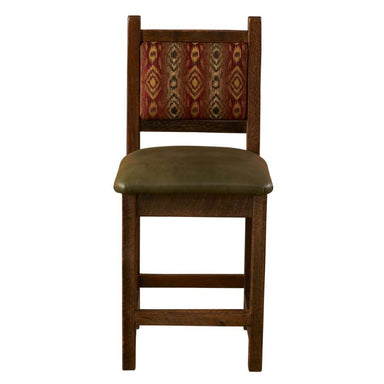 Fireside Lodge Barnwood Colonial Counter Stool features a green leather seat and patterned red-and-brown backrest viewed from the front