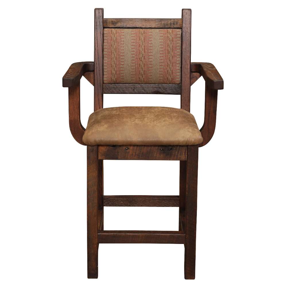 Fireside Lodge Barnwood Colonial Counter Stool with Arms features a rustic wooden frame, cushioned seat, and fabric backrest