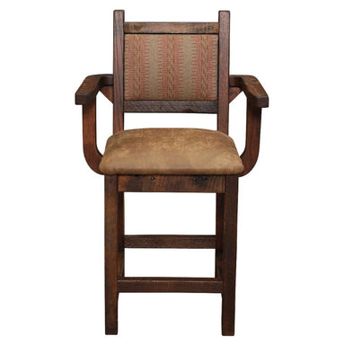 Fireside Lodge Barnwood Colonial Counter Stool with Arms features a rustic wooden frame, cushioned seat, and fabric backrest