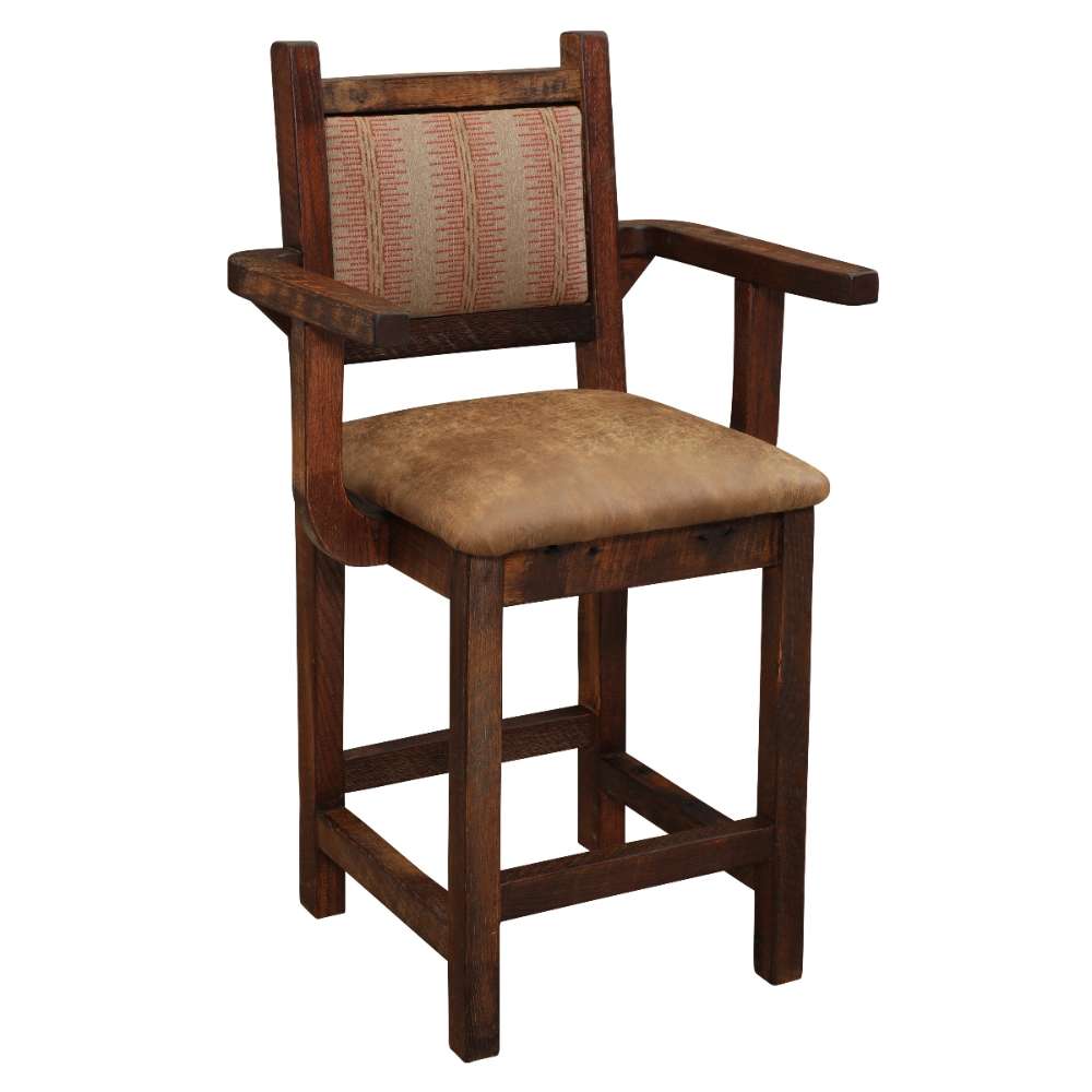 Fireside Lodge Barnwood Colonial Counter Stool with Arms is seen at an angle, showing its solid craftsmanship, warm tones, and blend of comfort and rustic charm