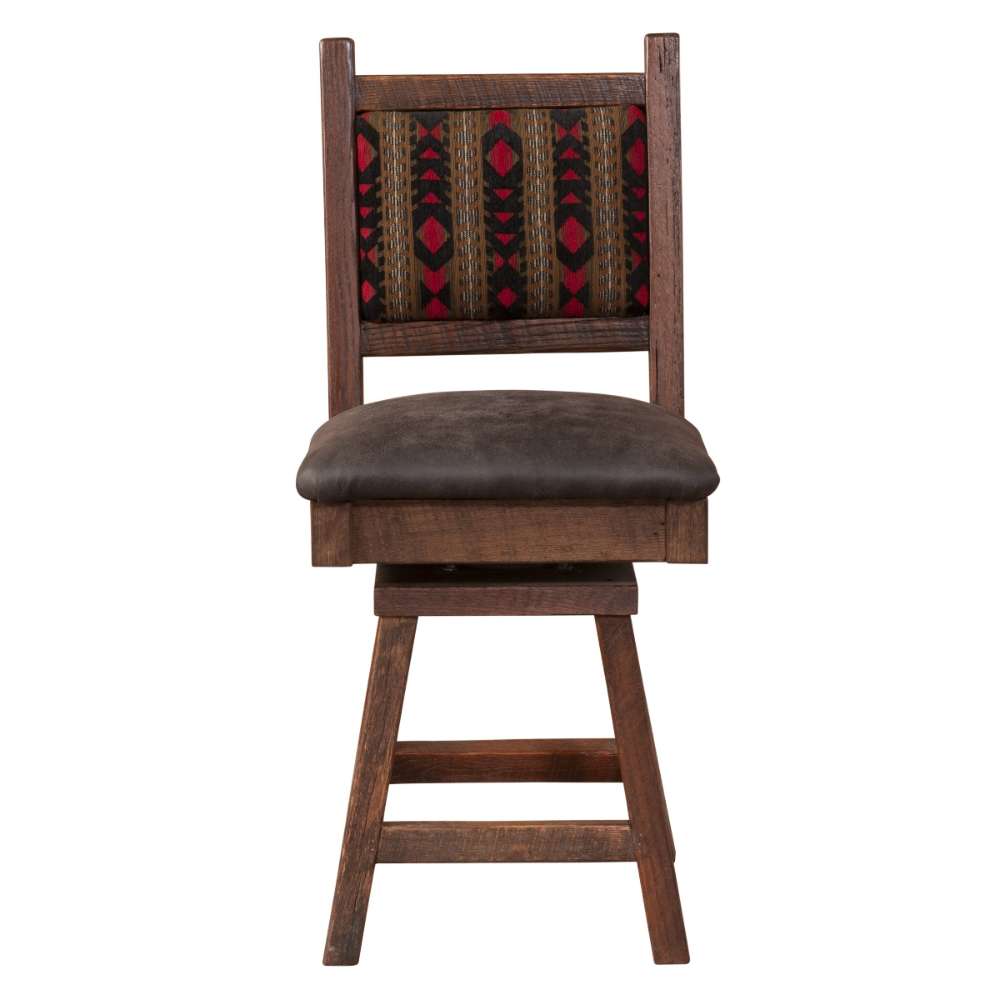 Fireside Lodge Barnwood Colonial Swivel Counter Stool features a rustic wooden frame with a patterned fabric backrest and a cushioned brown suede seat