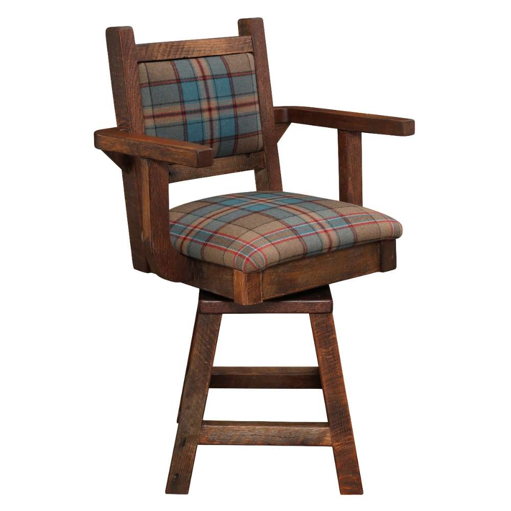 Fireside Lodge Barnwood Colonial Swivel Counter Stool with Arms is displayed at a front-side angle, highlighting its cushioned plaid seat, sturdy arms, and swivel base
