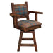 Fireside Lodge Barnwood Colonial Swivel Counter Stool with Arms is displayed at a front-side angle, highlighting its cushioned plaid seat, sturdy arms, and swivel base