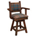 Fireside Lodge Barnwood Colonial Swivel Counter Stool with Arms is shown from a diagonal angle, emphasizing its reclaimed wood texture and comfortable plaid upholstery