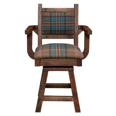 Fireside Lodge Barnwood Colonial Swivel Counter Stool with Arms is shown from the front, featuring a rustic wooden frame with plaid fabric on the seat and backrest