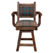 Fireside Lodge Barnwood Colonial Swivel Counter Stool with Arms is shown from the front, featuring a rustic wooden frame with plaid fabric on the seat and backrest