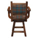 Fireside Lodge Barnwood Colonial Swivel Counter Stool with Arms is viewed from the back, showing the plaid-patterned backrest framed by solid rustic wood