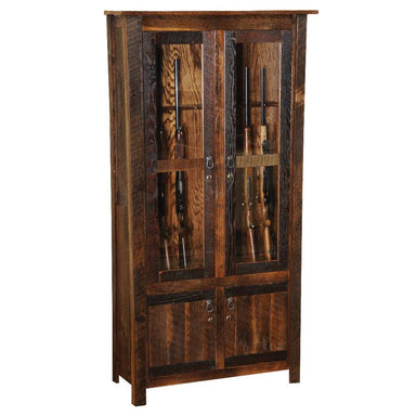 Fireside Lodge Barnwood Eight Gun Cabinet is a tall, rustic wooden cabinet with two glass doors showing weapons stored neatly inside