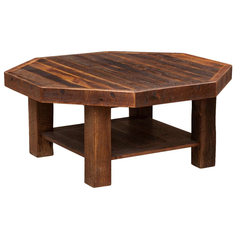Fireside Lodge Barnwood Octagon Artisan Coffee Table from a side angle, highlighting its thick wooden legs and robust structure