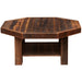 Fireside Lodge Barnwood Octagon Artisan Coffee Table has a rustic octagonal top with a sturdy lower shelf