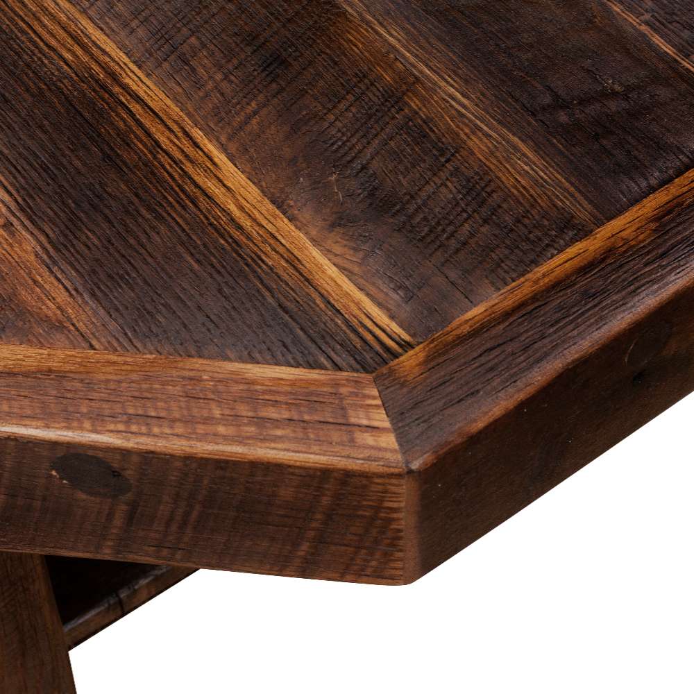 Fireside Lodge Barnwood Octagon Artisan Coffee Table shows a detailed view of its textured wood surface and edges