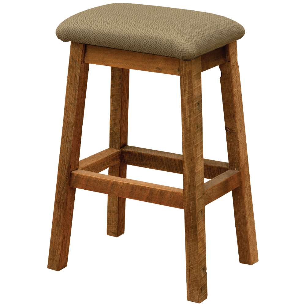 Fireside Lodge Barnwood Saddle Barstool features a padded fabric seat and a sturdy reclaimed wood frame