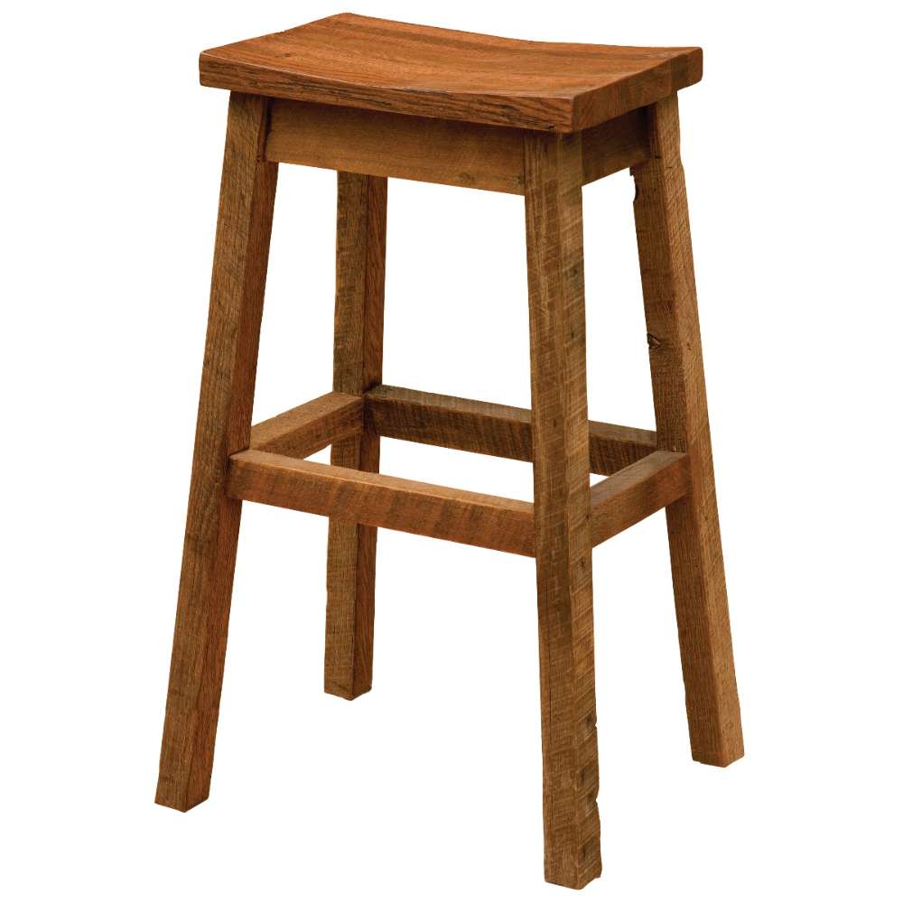 Fireside Lodge Barnwood Saddle Barstool has a contoured wooden seat and solid barnwood legs