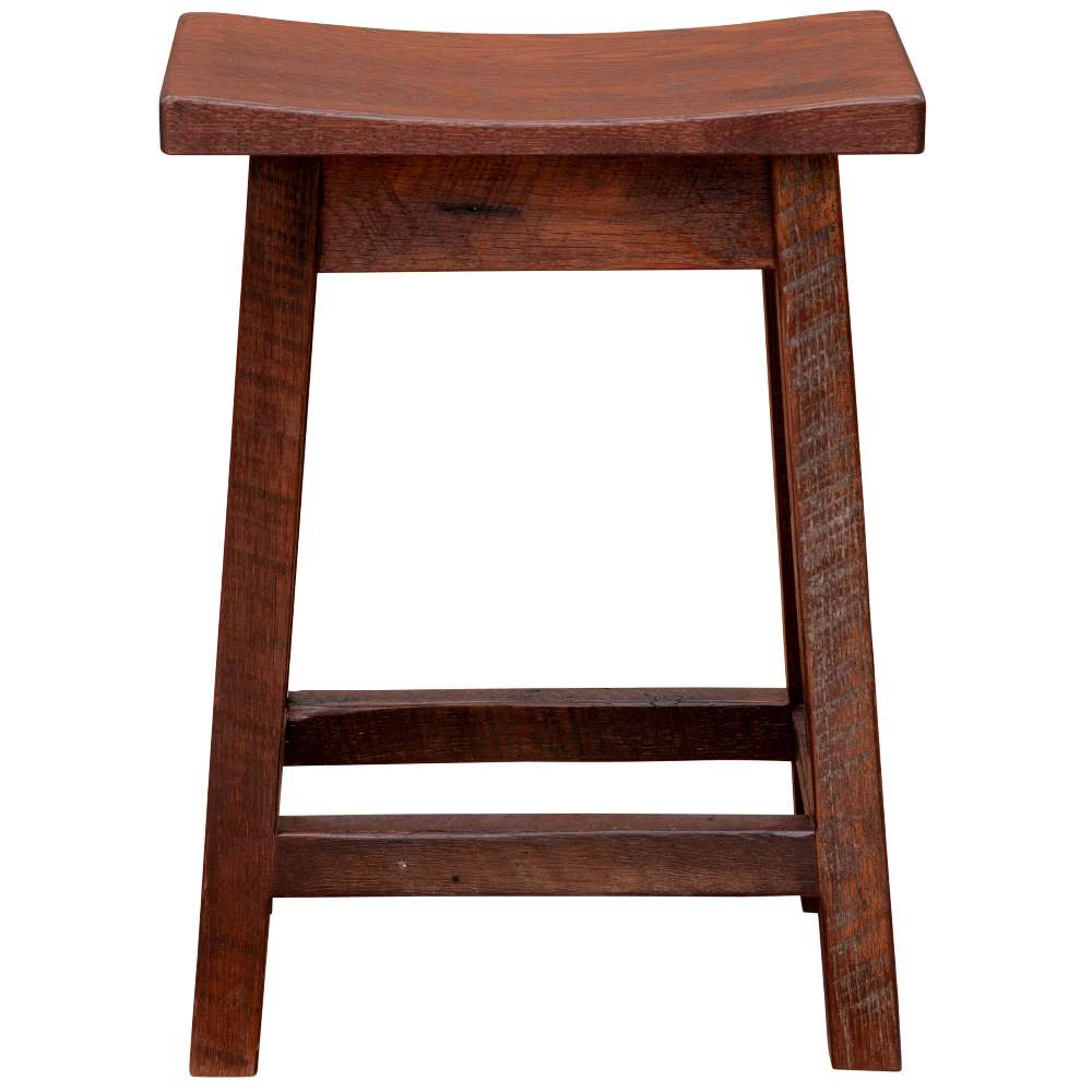Fireside Lodge Barnwood Saddle Counter Stool displays a smooth curved wooden seat and solid reclaimed wood legs