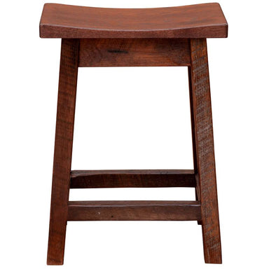 Fireside Lodge Barnwood Saddle Counter Stool displays a smooth curved wooden seat and solid reclaimed wood legs