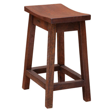 Fireside Lodge Barnwood Saddle Counter Stool features a curved wooden seat with a rustic reclaimed wood frame