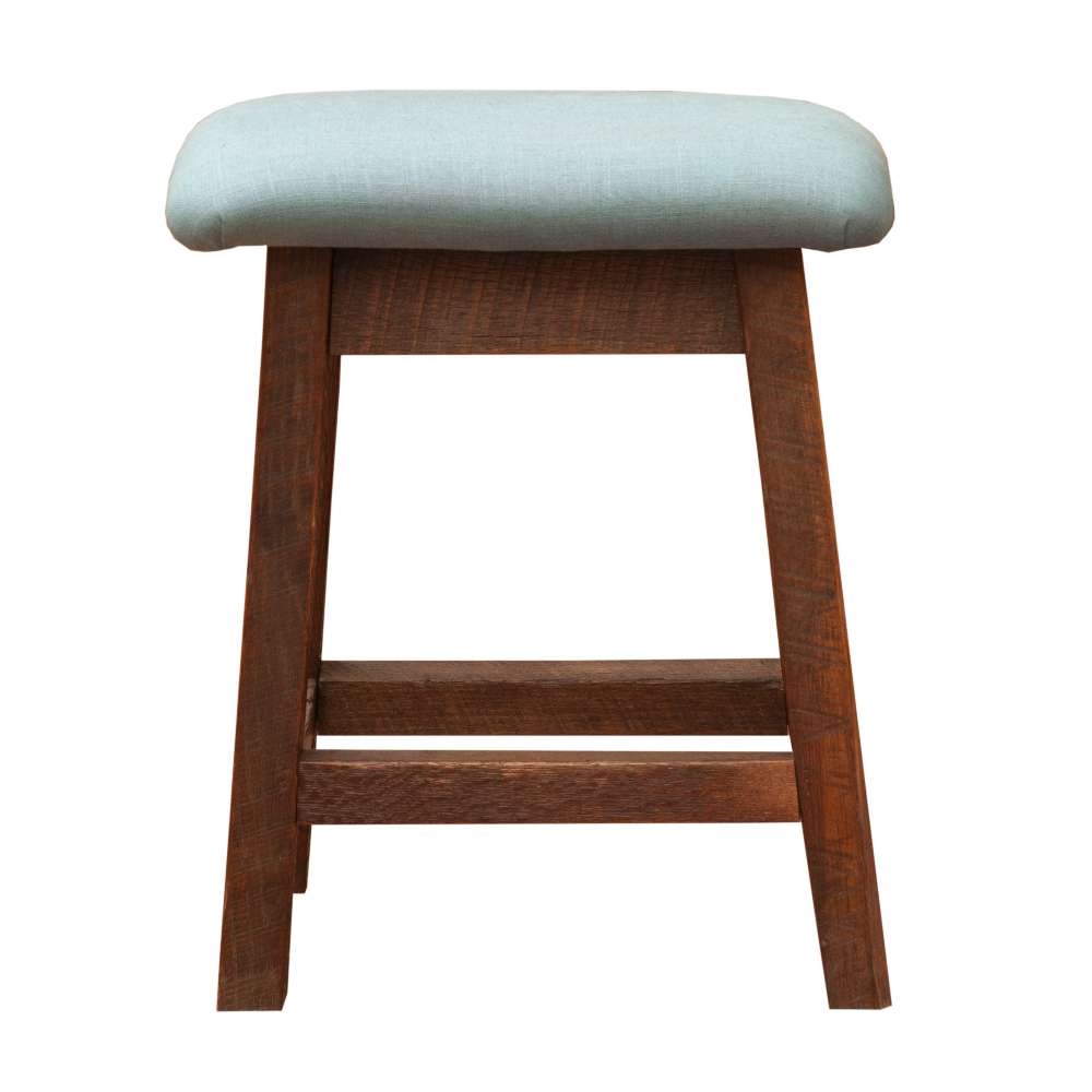 Fireside Lodge Barnwood Saddle Counter Stool shows a padded light-blue top with a rugged wooden frame