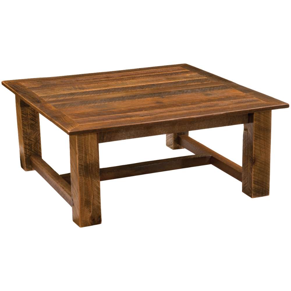 Fireside Lodge Barnwood Square Coffee Table - 34 Inch is a rustic square wooden table made from reclaimed barnwood, featuring a thick top and sturdy legs