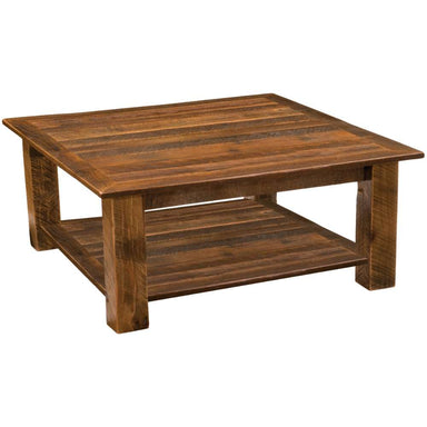 Fireside Lodge Barnwood Square Coffee Table with Shelf 42 Inch is a rustic wooden table with a square top, sturdy legs, and a lower shelf for extra storage