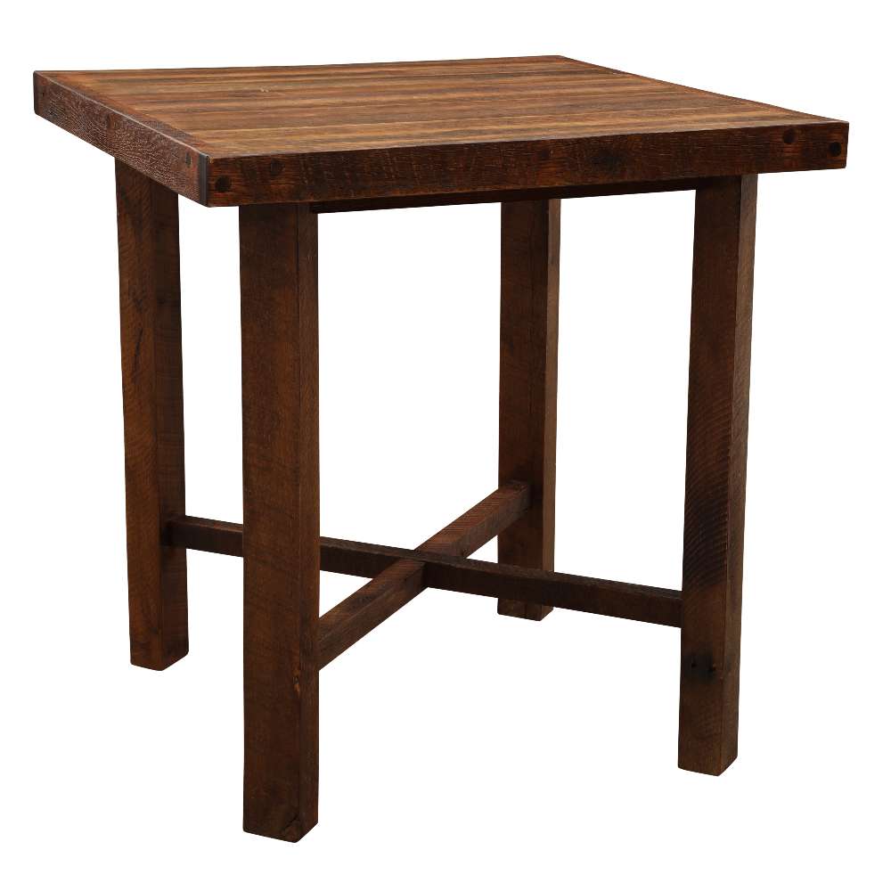 Fireside Lodge Barnwood Square Pub Table - 40-Inch is a square wooden table with thick legs and a rustic reclaimed wood finish