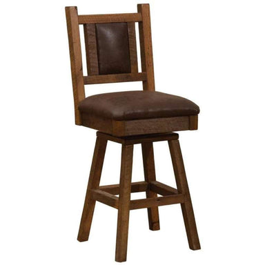 Fireside Lodge Barnwood Swivel Barstool features a rustic wooden frame with a cushioned brown leather seat and 360° swivel base