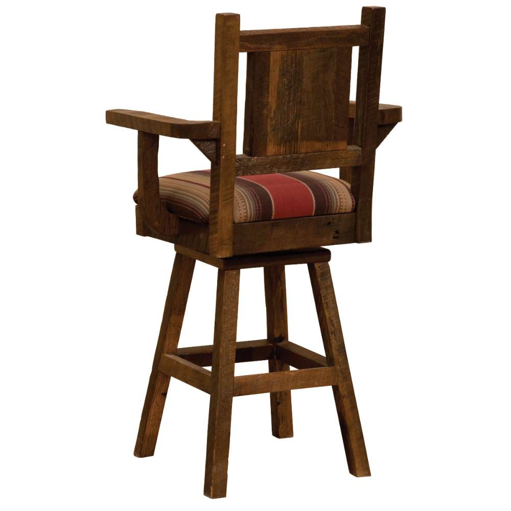 Fireside Lodge Barnwood Swivel Barstool with Arms has a tall wood frame, swivel seat, and striped red upholstery