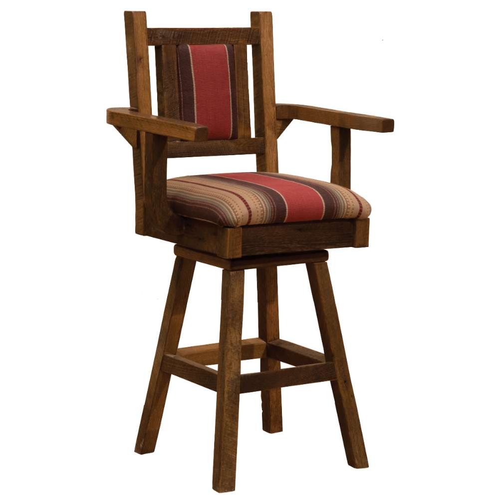 Fireside Lodge Barnwood Swivel Barstool with Arms is a rustic wooden chair with red and brown striped cushions