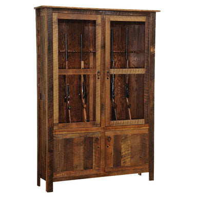 Fireside Lodge Barnwood Twelve Gun Cabinet is a tall rustic wood cabinet with glass doors showcasing rifles and solid lower doors for secure storage