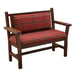 Fireside Lodge Barnwood Upholstered Bench with Arms and Back is shown from the front, featuring a rustic wooden frame and red plaid cushions for the seat and backrest