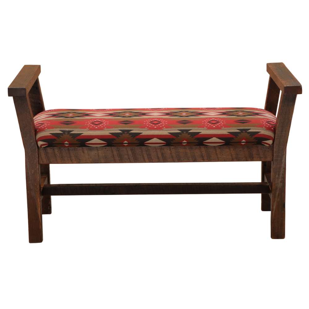 Fireside Lodge Barnwood Upholstered Bench with Arms features a reclaimed wood frame with a rustic finish and a cushioned seat covered in a red Southwestern patterned fabric