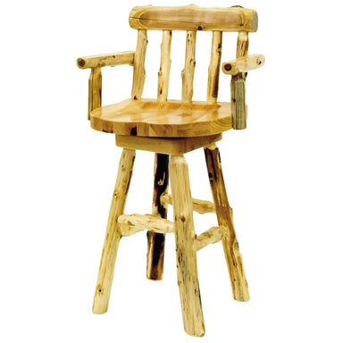 Fireside Lodge Cedar Barstool with Back & Arms is a rustic wooden barstool made from natural cedar logs, featuring a round seat, sturdy legs, and supportive backrest and armrests