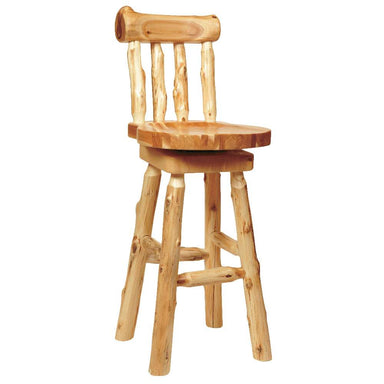 Fireside Lodge Cedar Barstool with Back is a handcrafted wooden stool with a smooth cedar seat, sturdy log legs, and a rustic-style backrest