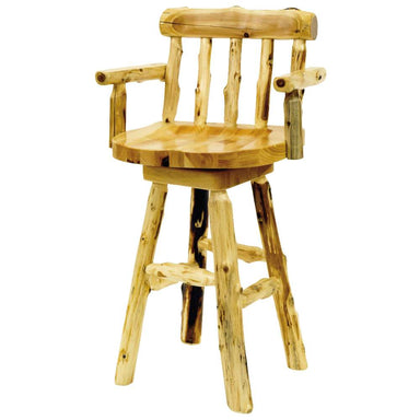 Fireside Lodge Cedar Counter Stool with Back & Arms is a rustic wooden stool made from natural cedar logs, featuring a round seat, sturdy legs, and smooth armrests