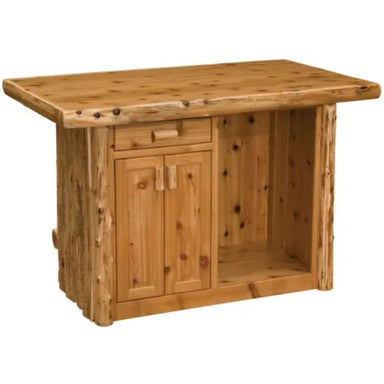 Fireside Lodge Cedar Log 5-Foot Bar includes a drawer, cabinet, and open shelf for storage and easy access
