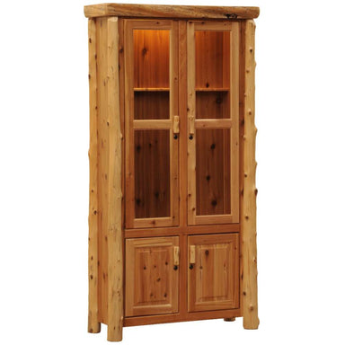 Fireside Lodge Cedar Log Eight Gun Cabinet is angled slightly to the side, showcasing its handcrafted log frame and smooth, polished wooden surfaces
