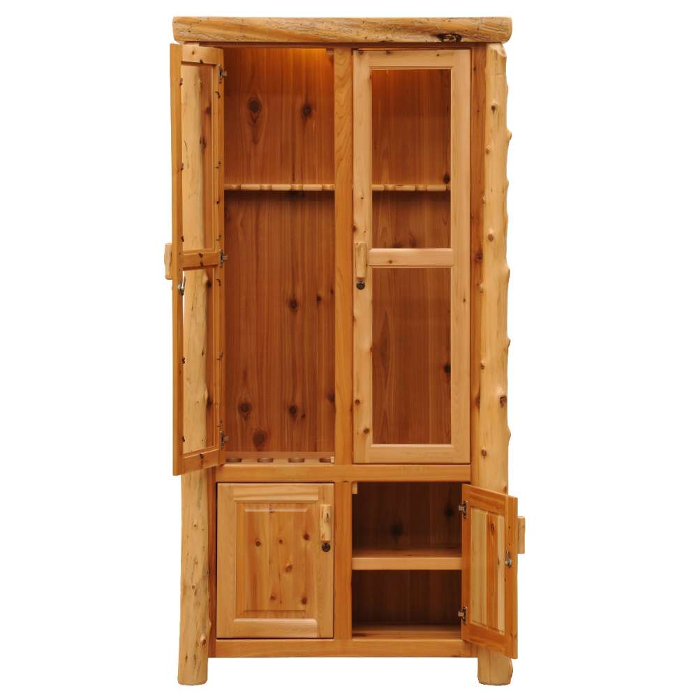 Fireside Lodge Cedar Log Eight Gun Cabinet is displayed fully open, revealing upper glass doors and lower wooden compartments for firearm and accessory storage