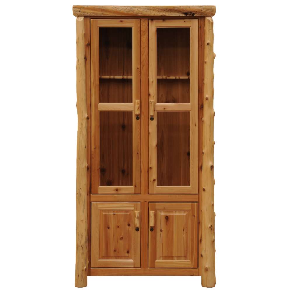 Fireside Lodge Cedar Log Eight Gun Cabinet is shown closed, highlighting its natural cedar wood finish and rustic glass-paneled upper doors